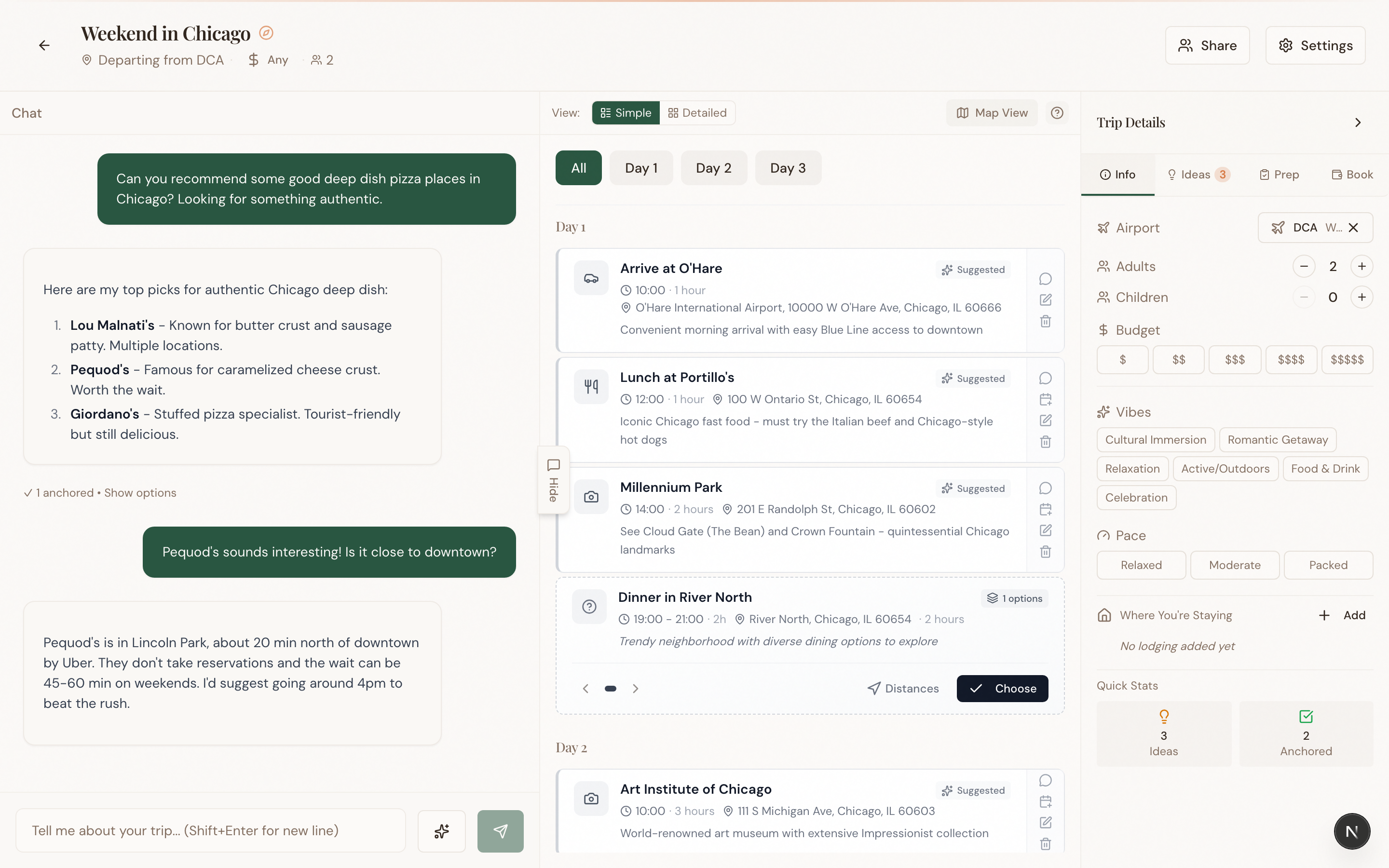 Chat interface asking for deep dish pizza recommendations in Chicago