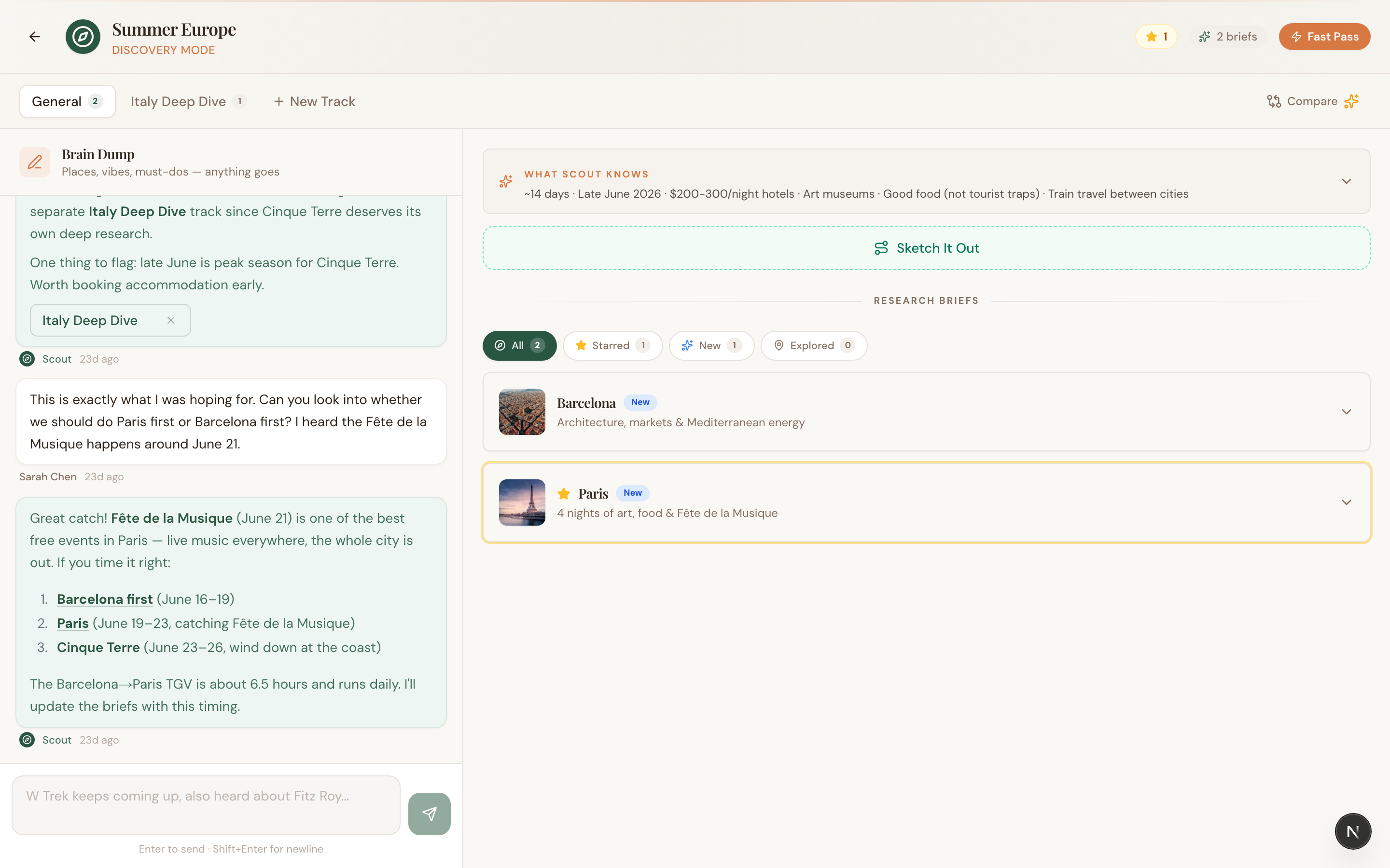 Discovery mode: brain dump conversation with AI Scout and research briefs for Paris and Barcelona