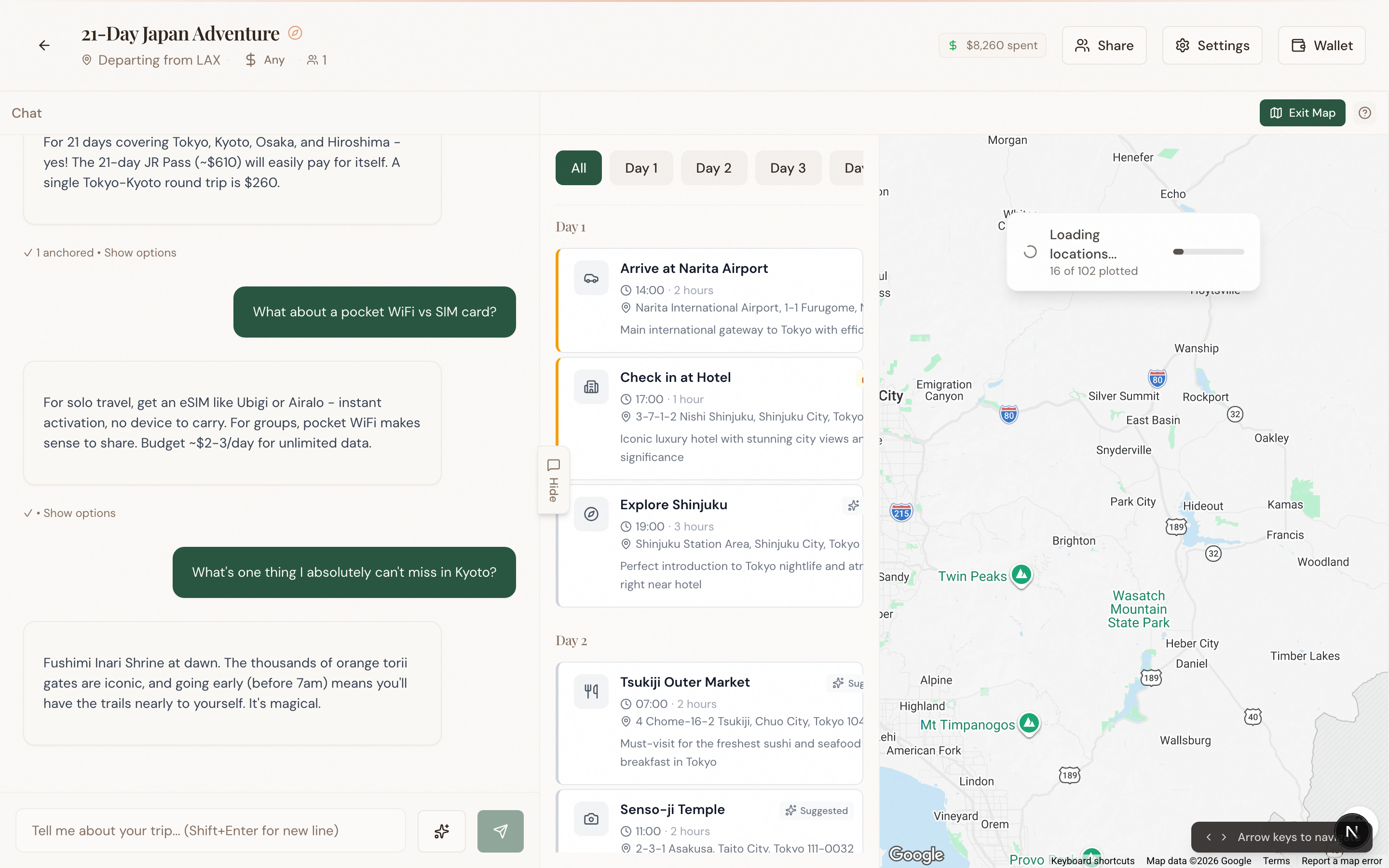 Interactive map showing trip stops across Japan